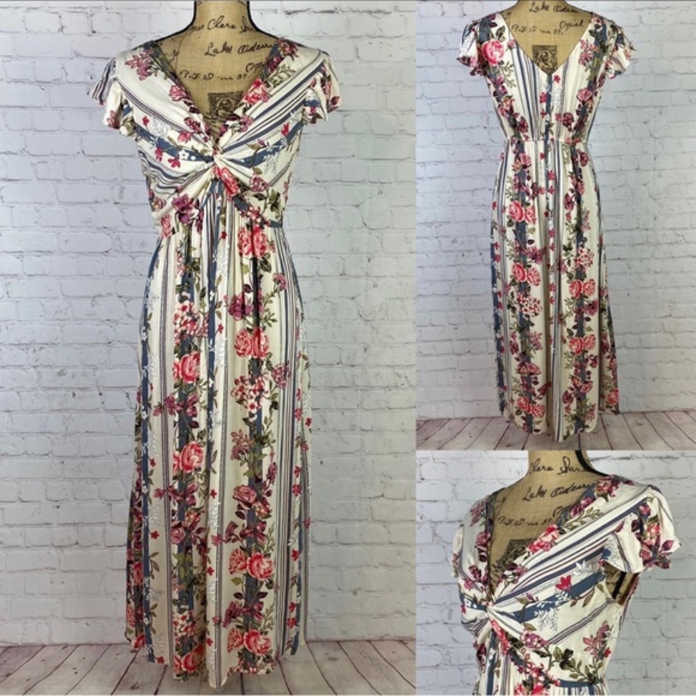 Angie Floral/Striped Twist Front V Neckline Dress